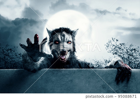 Werewolf coming from behind the wall with a full moon 95088671