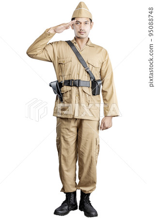 Indonesian warrior standing with respectful gesture 95088748