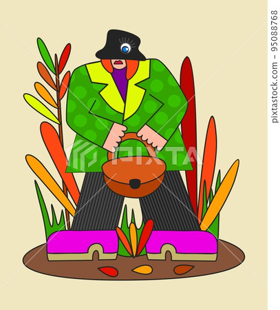 Woman in warm stylish outfit standing near colorful autumn decorative plants. 95088768