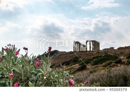 Temple of Poseidon with oleander flowers, Greece Temple of Poseidon with oleander flowers, Greece 95089379