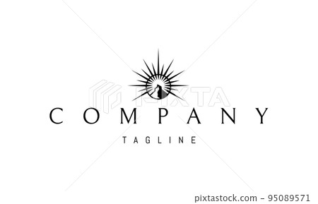 Vector logo on which an abstract image of a mountain peak with a shining sun above it. 95089571