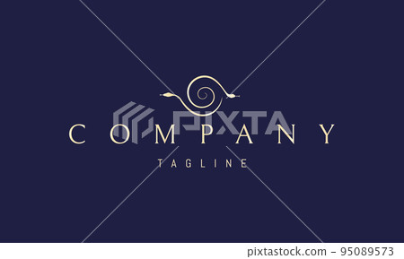 Vector golden logo on which an abstract image of an eye made up of two coiled snakes. 95089573
