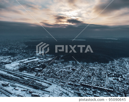 Aerial Train depot Kharkov-Sorting with epic sky Aerial Train depot Kharkov-Sorting with epic sky 95090645
