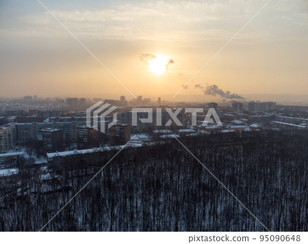 Aerial Kharkiv city, Pavlove Pole at winter sunset 95090648
