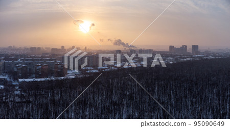 Aerial Kharkiv city, Pavlove Pole at winter sunset 95090649