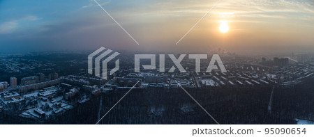 Aerial Kharkiv city, Pavlove Pole at winter sunset 95090654