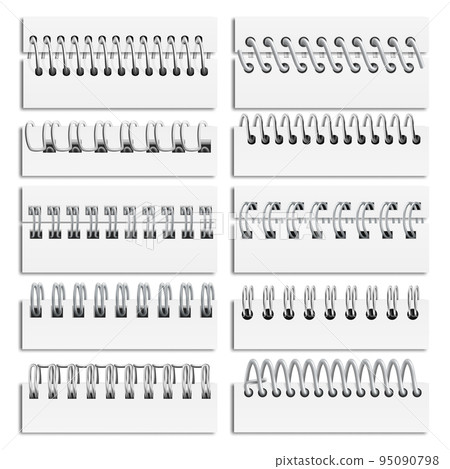Isolated realistic notebook binding wire spirals in paper holes. Calendar and scrapbook album metal rings. Page iron bind pithy vector elements Isolated realistic notebook binding wire spirals in paper holes. Calendar and scrapbook album metal rings. Page iron bind pithy vector elements 95090798