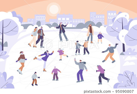 People dancing on ice rink in snow city park. Family on skates, winter holiday skating activity. Christmas time outdoor. Kicky crowd vector characters 95090807