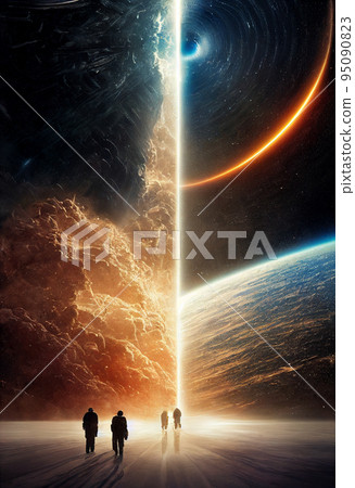Concept art illustration of interstellar astronauts beyond space and time in universe 95090823