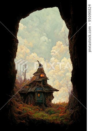 Concept art illustration of spooky witch hut 95090824