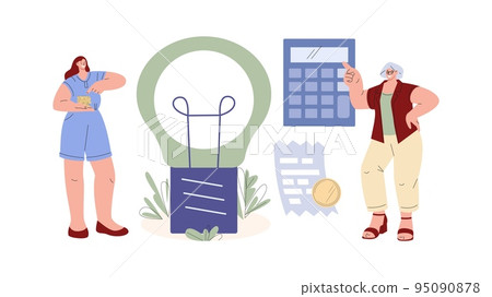 Save money with green energy. Alternative electricity, happy woman point to economy. Energetic concept, vector eco lamp bulb, coin calculator and bill 95090878