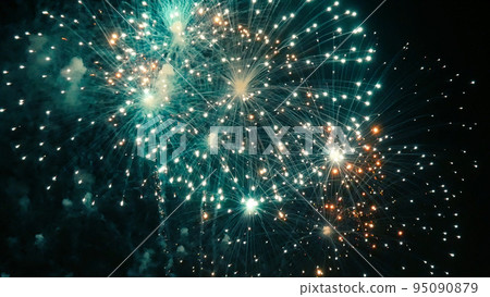 Green Firework celebrate anniversary happy new year 2023, 4th of july holiday festival. Green firework in night time celebrate national holiday. Countdown to new year 2023 festival party time event 95090879