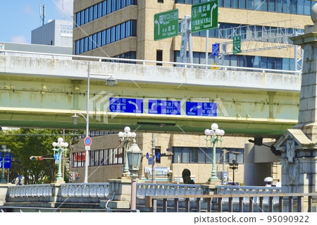 A view of the road sign for Naniwabashi Kitazume over the railing of Naniwabashi from Nakanoshima Park, Nakanoshima, Osaka 95090922