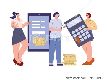 Female study financial literacy vector concept. Women with money, smartphone and calculator. Business investment, online banking or digital invest Female study financial literacy vector concept. Women with money, smartphone and calculator. Business investment, online banking or digital invest 95090930