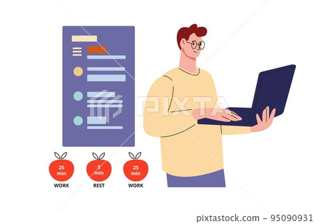 Effective time management. Man work with computer, pomodoro technique for successful job timing. Student learning and doing all tasks vector concept Effective time management. Man work with computer, pomodoro technique for successful job timing. Student learning and doing all tasks vector concept 95090931
