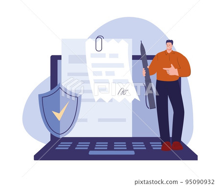 Digital document, contract or bill man signing. Legal online signature, safety self data. Business agreement in internet, vector new technologies concept Digital document, contract or bill man signing. Legal online signature, safety self data. Business agreement in internet, vector new technologies concept 95090932