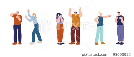 Couples swear, scream and humiliate. Aggressive and fear characters. Abusing and bullying, family quarrel. Vector flat man and woman negative emotions Couples swear, scream and humiliate. Aggressive and fear characters. Abusing and bullying, family quarrel. Vector flat man and woman negative emotions 95090933