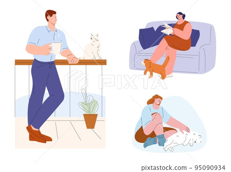 Cat therapy vector scenes. Man and woman with cats. Flat adult characters calm with pet. Psychology mental health, animals support people 95090934