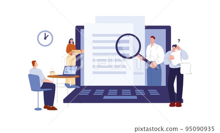 Business team meeting with boss. Online office training, coach at screen. Man drink coffee and watch invest study lesson. Confused vector man with list Business team meeting with boss. Online office training, coach at screen. Man drink coffee and watch invest study lesson. Confused vector man with list 95090935