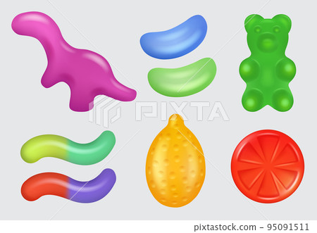 Jelly sweets. Delicious colored transparent snacks gummy bear eating candies decent vector realistic templates Jelly sweets. Delicious colored transparent snacks gummy bear eating candies decent vector realistic templates 95091511