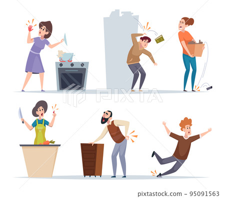 Injuries. House damaged accidents human problems with household gadgets exact vector injuries situations 95091563