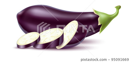 Realistic vegetable. 3D agriculture food. Fresh farm vegetarian products. Whole and sliced eggplant. Healthy diet nutrition. Ripe aubergine harvest. Vector natural cooking ingredient Realistic vegetable. 3D agriculture food. Fresh farm vegetarian products. Whole and sliced eggplant. Healthy diet nutrition. Ripe aubergine harvest. Vector natural cooking ingredient 95091669