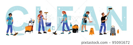 People cleaners. Workers clean big word with professional accessories. Disinfection and hygiene service. Cleanup staff mopping or vacuuming. Housekeeping specialists. Vector concept People cleaners. Workers clean big word with professional accessories. Disinfection and hygiene service. Cleanup staff mopping or vacuuming. Housekeeping specialists. Vector concept 95091672