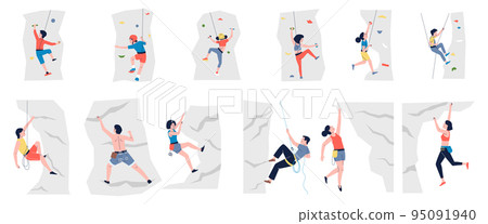 Adult and children sport climbing on rock. High aim, young female extreme travel. Woman man climbers, mountain adventures recent vector characters 95091940