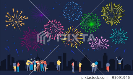 People crowd looking firework in night city. Festive time, anniversary or big party in town. Friends, couples and single person walk at evening downtown vector scene People crowd looking firework in night city. Festive time, anniversary or big party in town. Friends, couples and single person walk at evening downtown vector scene 95091946