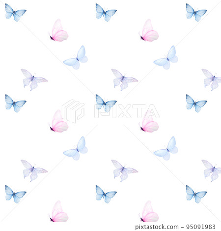Watercolor minimalistic pattern of tender blue and pink butterflies isolated Watercolor minimalistic pattern of tender blue and pink butterflies isolated 95091983