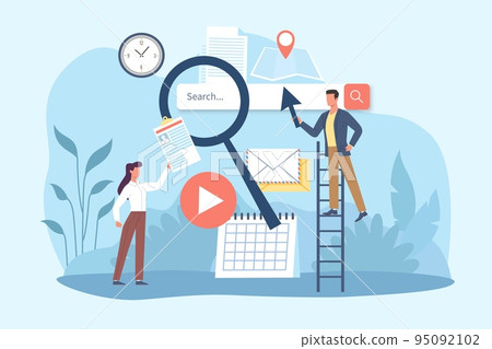 Search engine, SEO tool and reference tool for search analysis. Browsing information, tiny characters look for and find query in web browser, content tags, vector cartoon flat concept 95092102