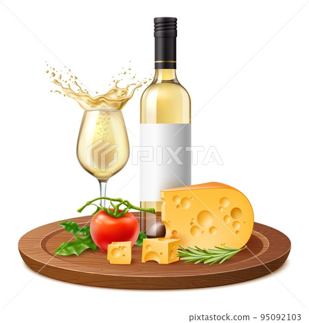 Realistic white wine and cheese. Products composition, alcohol beverage bottle on wooden cutting board, vegetables and greens, food and drink, 3d isolated elements, utter vector concept Realistic white wine and cheese. Products composition, alcohol beverage bottle on wooden cutting board, vegetables and greens, food and drink, 3d isolated elements, utter vector concept 95092103