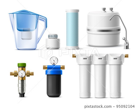 Realistic water filter. Drink cleaners, home water purification systems, spare cartridges, jug, flow and reverse osmosis, natural fresh pure aqua, 3d isolated elements, utter vector set Realistic water filter. Drink cleaners, home water purification systems, spare cartridges, jug, flow and reverse osmosis, natural fresh pure aqua, 3d isolated elements, utter vector set 95092104
