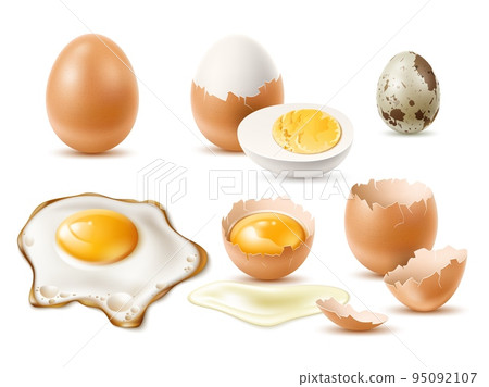 Realistic eggs. Raw and fried natural diet product, 3d chicken and quail egg, beige whole cracked shell, protein and yolk. Healthy organic food, breakfast utter vector isolated set Realistic eggs. Raw and fried natural diet product, 3d chicken and quail egg, beige whole cracked shell, protein and yolk. Healthy organic food, breakfast utter vector isolated set 95092107