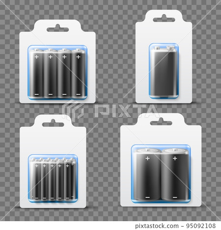 Realistic battery packages. Different sizes and types mockup, electrical li ion alkaline components in transparent blisters, blank labels, electric 3d isolated objects utter vector set Realistic battery packages. Different sizes and types mockup, electrical li ion alkaline components in transparent blisters, blank labels, electric 3d isolated objects utter vector set 95092108