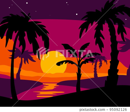 Palm silhouettes background. Beach tropical trees, sea evening, black plants, summer sunset, different leaves shapes, vacation on exotic island, summertime landscape, swanky vector concept Palm silhouettes background. Beach tropical trees, sea evening, black plants, summer sunset, different leaves shapes, vacation on exotic island, summertime landscape, swanky vector concept 95092126