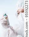 NO LOGOS OR TRADEMARKS!  SELF MADE LABELS! Close up view of doctor with an ampule of covid vaccine and syringe on blue back 95092273