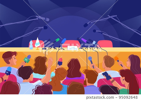Press conference table. Crowd journalists with microphones in speech auditorium empty scene for news report interview politician forum or media person, swanky vector illustration Press conference table. Crowd journalists with microphones in speech auditorium empty scene for news report interview politician forum or media person, swanky vector illustration 95092648