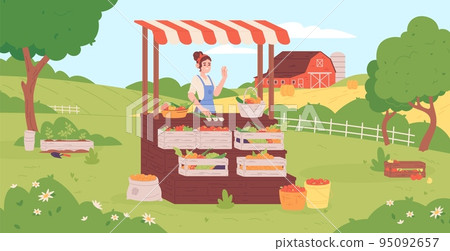 Local seller. Greengrocer localization market, smiling saleswoman selling fresh natural vegetables, farmer veggie organic food shopkeeper on farmland background vector illustration 95092657