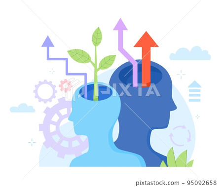 Improvement mind level. Human mental wellbeing health, confident mentor expand knowledge gears self value better faster thinking fulfillment head learn balance vector illustration 95092658