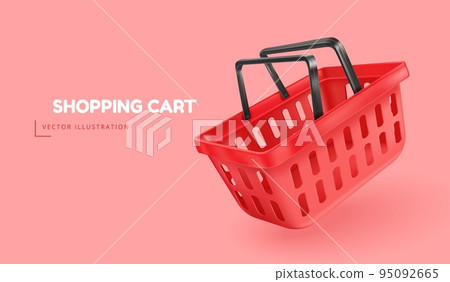 3d shopping basket. Render empty shop cart, realistic floating red market basketof for product trading supermarket cashier food goods bucket of consumer store, vector illustration 95092665