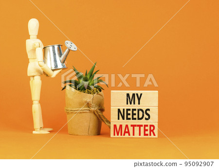 My needs matter symbol. Concept words My needs matter on wooden blocks. Businessman model. Beautiful orange table orange background. Business, psychological and my needs matter concept. Copy space. My needs matter symbol. Concept words My needs matter on wooden blocks. Businessman model. Beautiful orange table orange background. Business, psychological and my needs matter concept. Copy space. 95092907