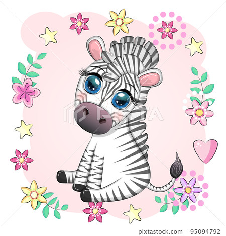 Cute cartoon zebra sits in flowers. Childish striped character, African animals Cute cartoon zebra sits in flowers. Childish striped character, African animals 95094792