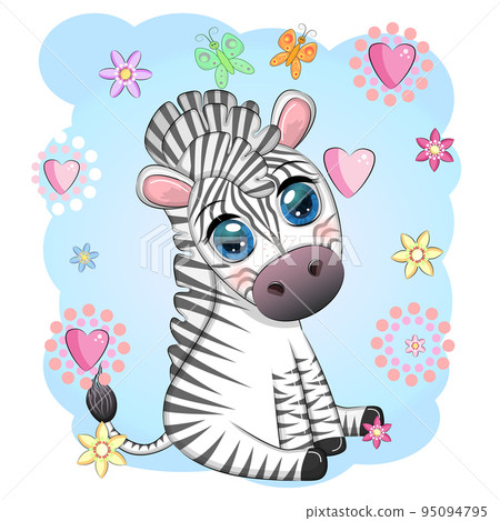 Cute cartoon zebra sits in flowers. Childish striped character, African animals 95094795