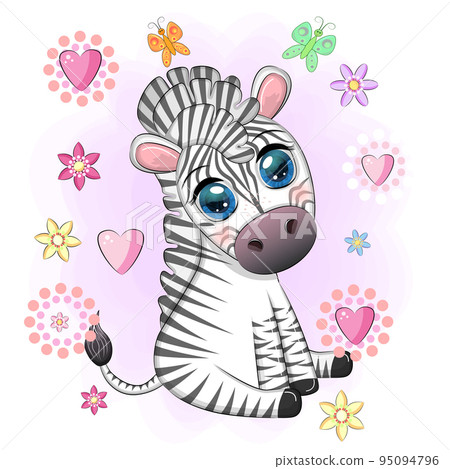 Cute cartoon zebra sits in flowers. Childish striped character, African animals Cute cartoon zebra sits in flowers. Childish striped character, African animals 95094796