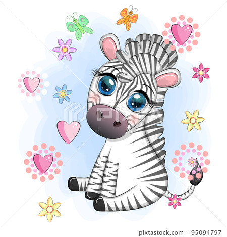 Cute cartoon zebra sits in flowers. Childish striped character, African animals 95094797