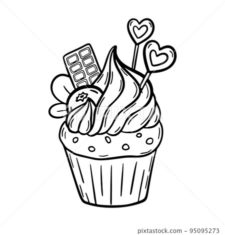 Vector doodle cupcake with cream. Sweet new year dessert with cookies and berries isolated on white background. Hand drawn illustration. For print, coloring, logo 95095273