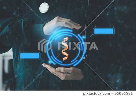 Doctor working with DNA virtual screen. Modern medical banner background concept Doctor working with DNA virtual screen. Modern medical banner background concept 95095551