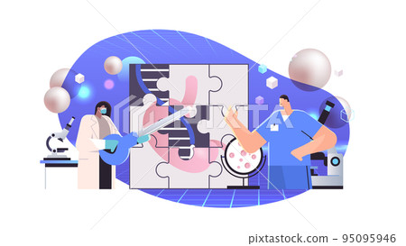 scientists putting puzzle pieces of anatomical stomach human body internal organ medicine science healthcare problem solution 95095946
