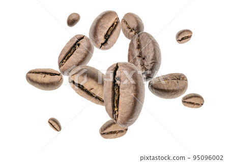 Coffee beans falling background. Black espresso coffee bean flying. Aromatic grain fall isolated on white. Represent breakfast for energy and freshness concept. 95096002